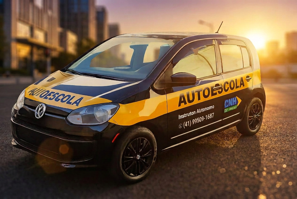 Carro da autoescola Marco Instrutor em uma rua urbana ao pôr do sol